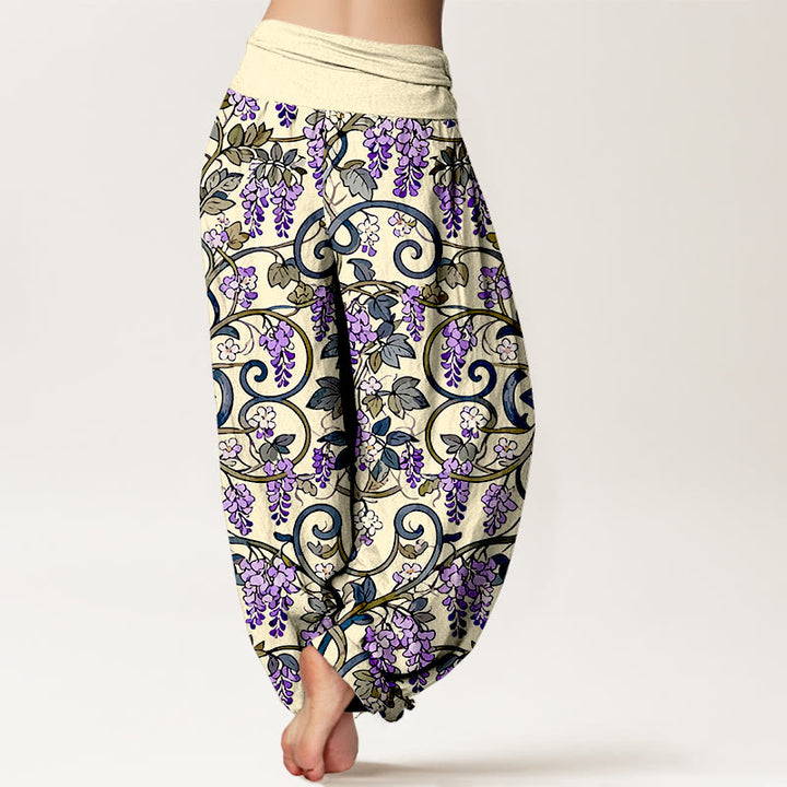 Pantalon harem rétro en pur coton à motif glycine, taille élastique, pour femme, Buddha Stones - image 9