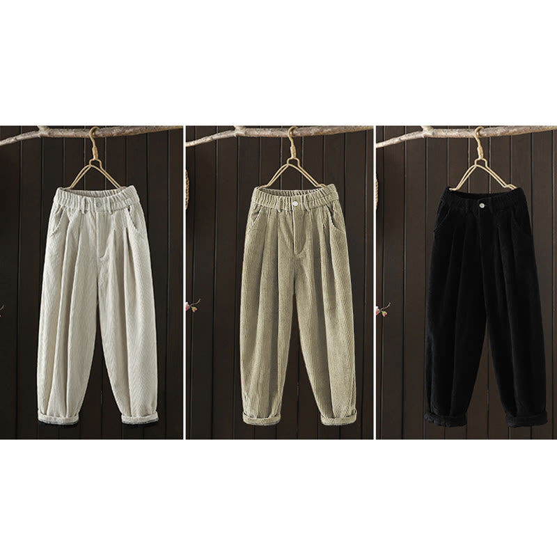 Pantalon Buddha Stones d'hiver en velours côtelé uni pour femme, taille haute, doublé polaire et poches - image 24