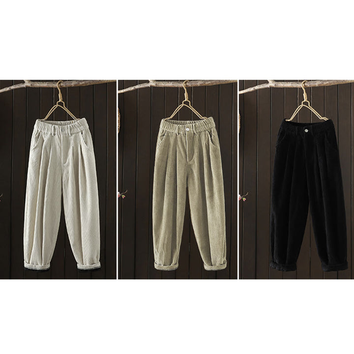 Pantalon Buddha Stones d'hiver en velours côtelé uni pour femme, taille haute, doublé polaire et poches - image 24