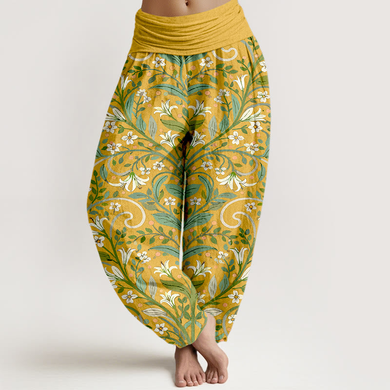 Pantalon harem pour femme, taille élastique, en pur coton, motif élégant pétales de lys et Buddha Stones - Or - US16，UK/AU20，EU48 (3XL) - image 0