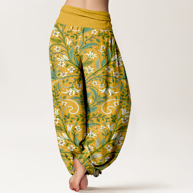 Pantalon harem pour femme, taille élastique, en pur coton, motif élégant pétales de lys et Buddha Stones - image 1