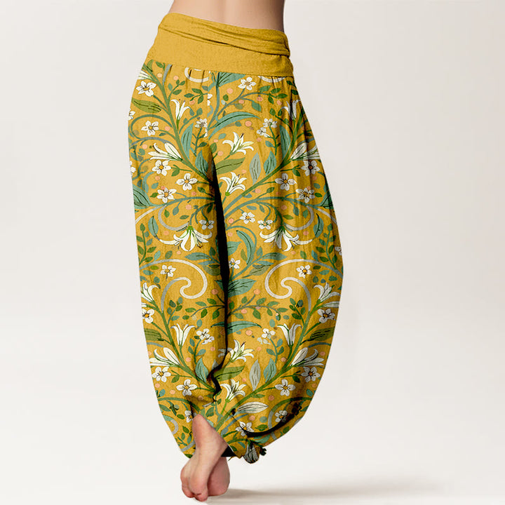 Pantalon harem pour femme, taille élastique, en pur coton, motif élégant pétales de lys et Buddha Stones - image 1