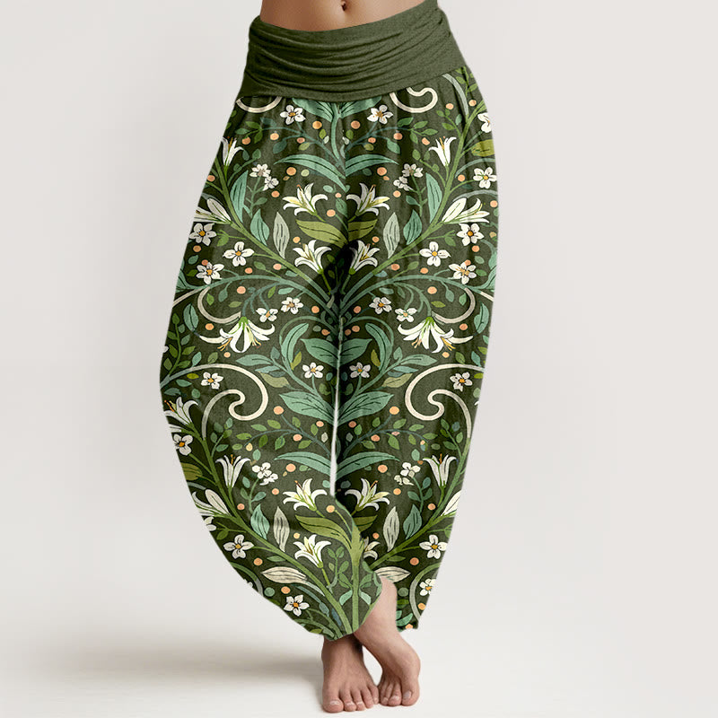 Pantalon harem pour femme, taille élastique, en pur coton, motif élégant pétales de lys et Buddha Stones - Vert olive foncé - US16，UK/AU20，EU48 (3XL) - image 5