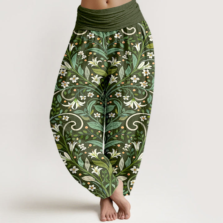 Pantalon harem pour femme, taille élastique, en pur coton, motif élégant pétales de lys et Buddha Stones - Vert olive foncé - US16，UK/AU20，EU48 (3XL) - image 5