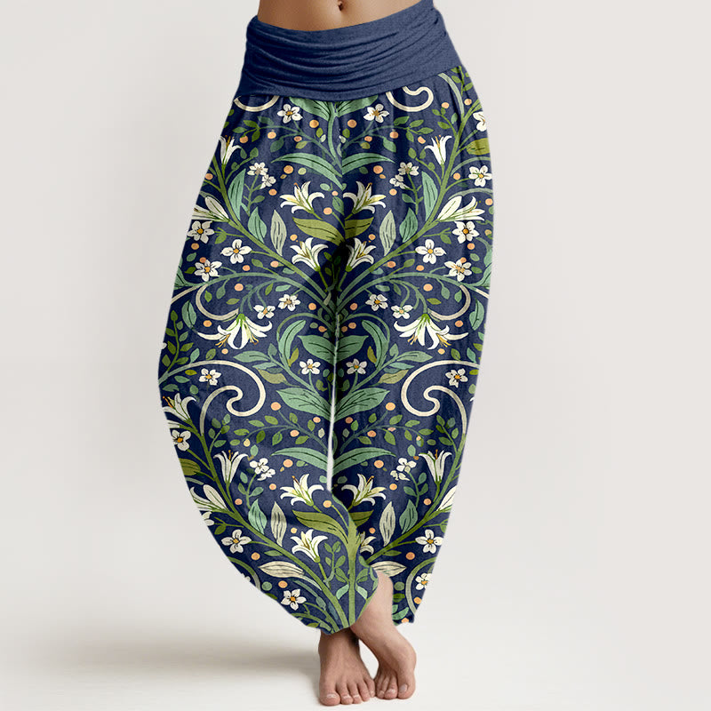 Pantalon harem pour femme, taille élastique, en pur coton, motif élégant pétales de lys et Buddha Stones - Marine - US16，UK/AU20，EU48 (3XL) - image 8