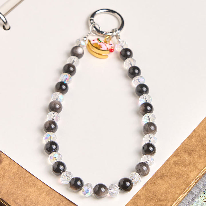 Buddha Stones Année du Cheval Obsidienne à reflet argenté Porte-clés de protection Décoration à suspendre pour téléphone - Obsidienne à reflet argenté (Protection apaisante ♥) - image 0