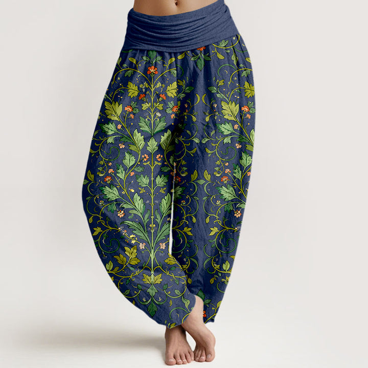 Pantalon harem pour femme en pur coton, motif classique symétrique de feuilles de plantes, avec taille élastique, Buddha Stones - Marine - US16，UK/AU20，EU48 (3XL) - image 0