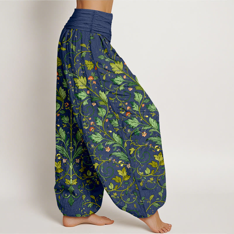 Pantalon harem pour femme en pur coton, motif classique symétrique de feuilles de plantes, avec taille élastique, Buddha Stones - image 2
