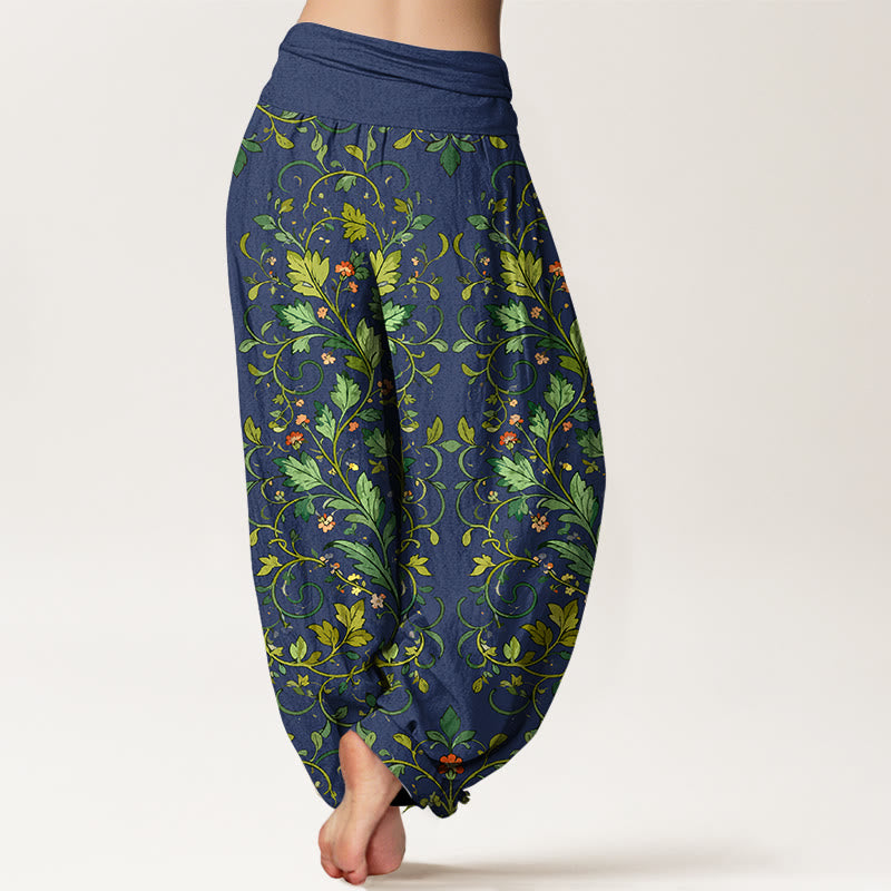 Pantalon harem pour femme en pur coton, motif classique symétrique de feuilles de plantes, avec taille élastique, Buddha Stones - image 1