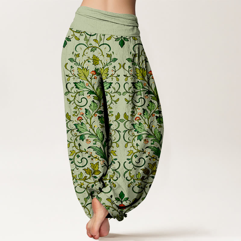 Pantalon harem pour femme en pur coton, motif classique symétrique de feuilles de plantes, avec taille élastique, Buddha Stones - image 6