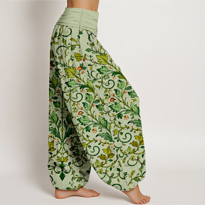 Pantalon harem pour femme en pur coton, motif classique symétrique de feuilles de plantes, avec taille élastique, Buddha Stones - image 7