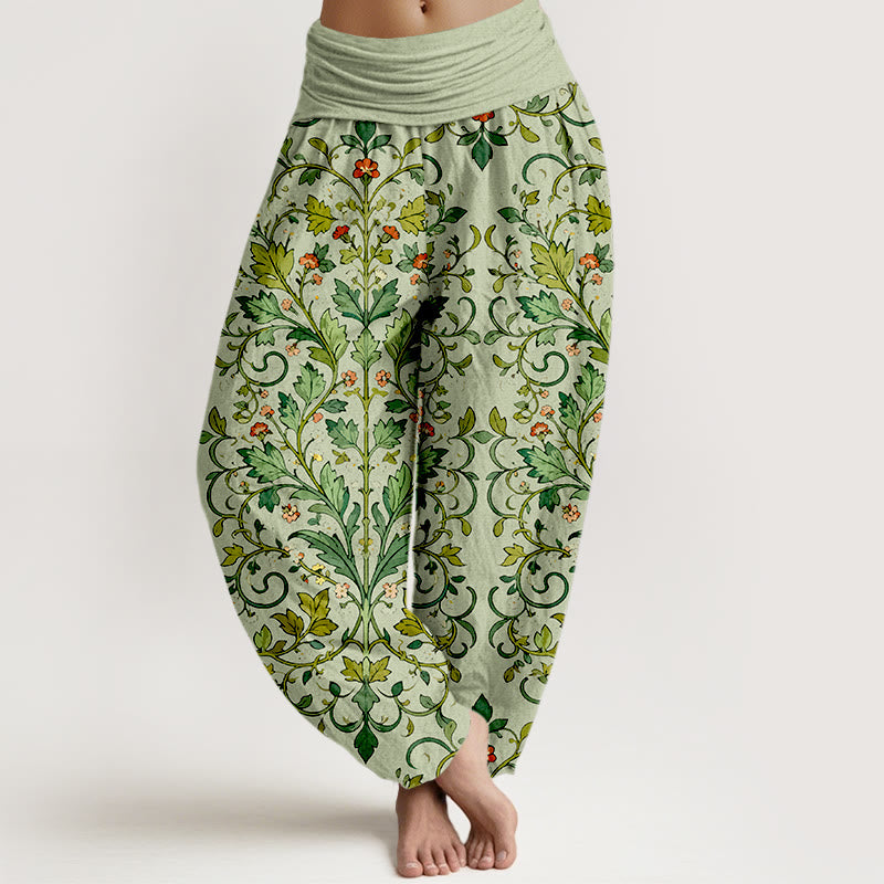 Pantalon harem pour femme en pur coton, motif classique symétrique de feuilles de plantes, avec taille élastique, Buddha Stones - Vert clair - US16，UK/AU20，EU48 (3XL) - image 5
