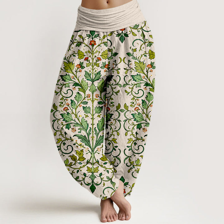 Pantalon harem pour femme en pur coton, motif classique symétrique de feuilles de plantes, avec taille élastique, Buddha Stones - Beige - US16，UK/AU20，EU48 (3XL) - image 8