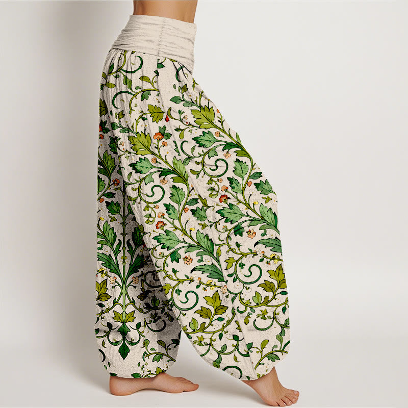 Pantalon harem pour femme en pur coton, motif classique symétrique de feuilles de plantes, avec taille élastique, Buddha Stones - image 10