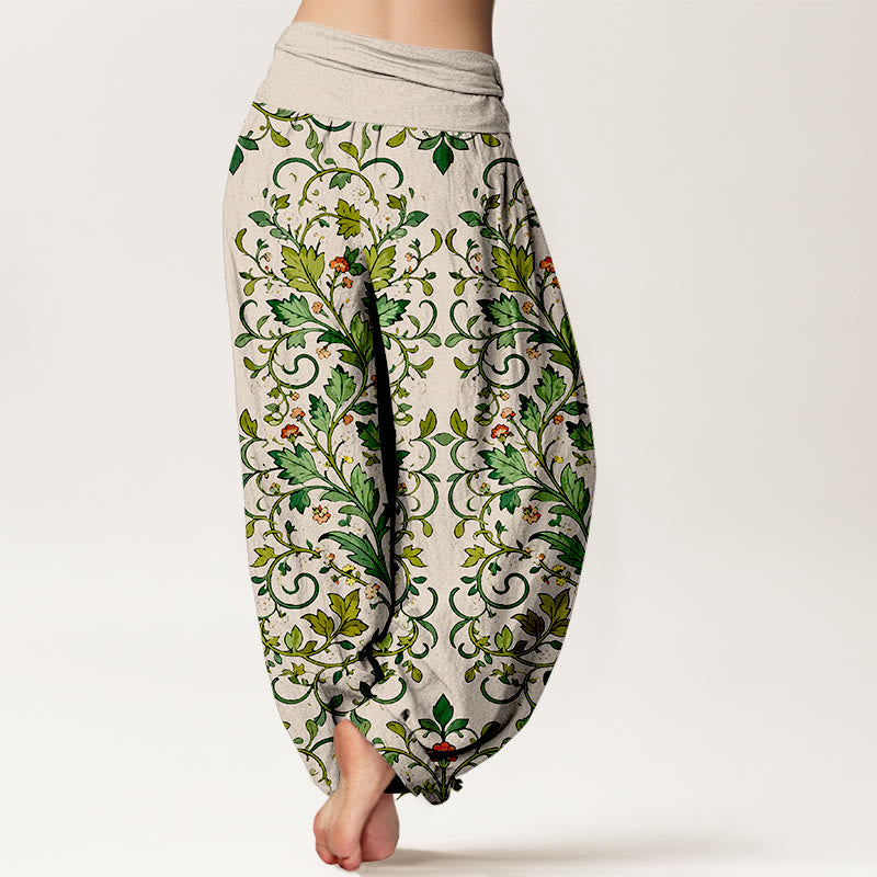 Pantalon harem pour femme en pur coton, motif classique symétrique de feuilles de plantes, avec taille élastique, Buddha Stones - image 9