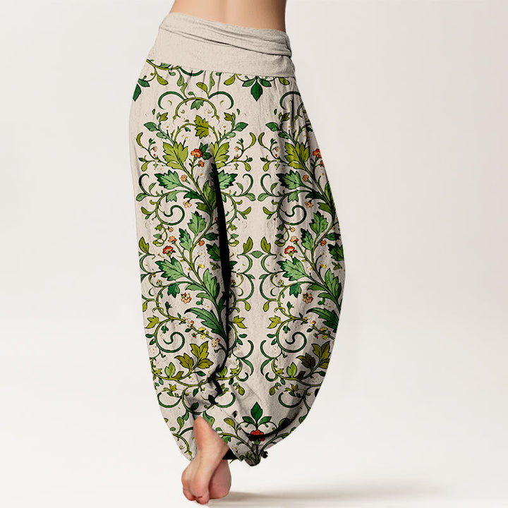 Pantalon harem pour femme en pur coton, motif classique symétrique de feuilles de plantes, avec taille élastique, Buddha Stones - image 9