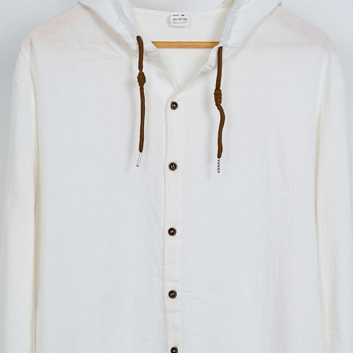 Chemise homme en lin à manches longues et capuche avec cordon de serrage et boutons, motif Buddha Stones, couleur unie - image 7