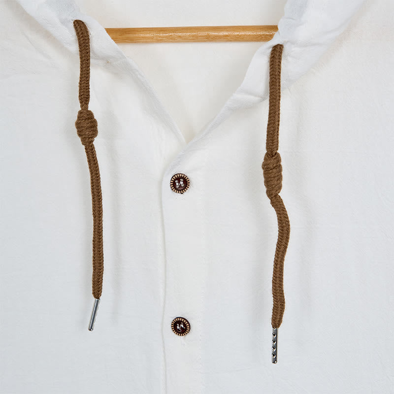 Chemise homme en lin à manches longues et capuche avec cordon de serrage et boutons, motif Buddha Stones, couleur unie - image 6
