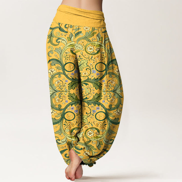 Pantalon harem pour femme, taille élastique, en pur coton, motif feuilles, vignes et fleurs superposées, Buddha Stones - image 1
