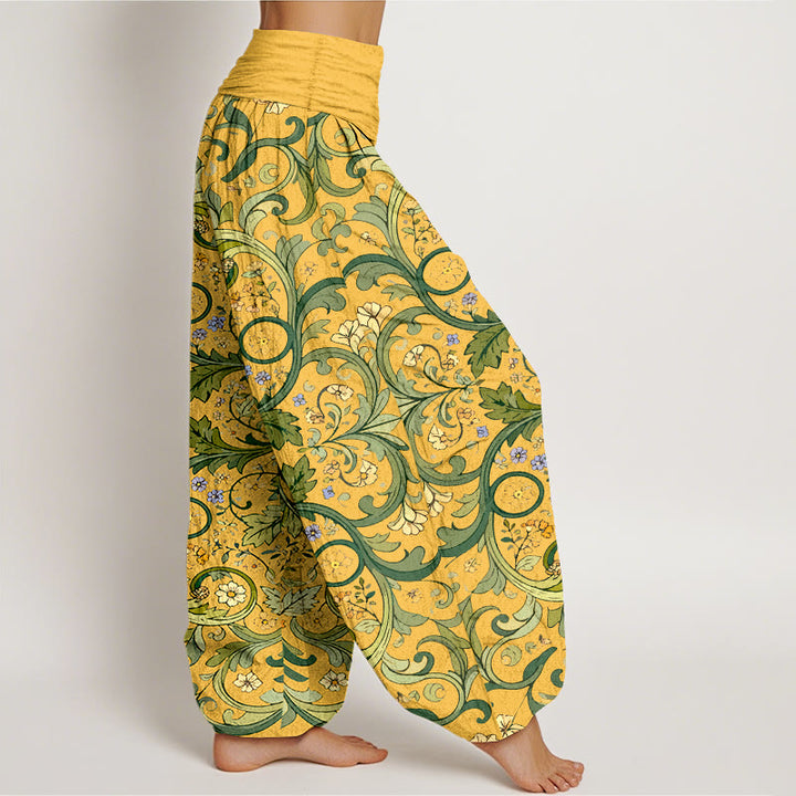 Pantalon harem pour femme, taille élastique, en pur coton, motif feuilles, vignes et fleurs superposées, Buddha Stones - image 2