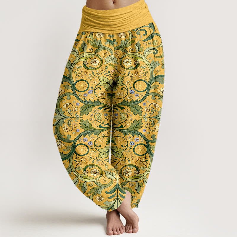 Pantalon harem pour femme, taille élastique, en pur coton, motif feuilles, vignes et fleurs superposées, Buddha Stones - Or - US16，UK/AU20，EU48 (3XL) - image 0