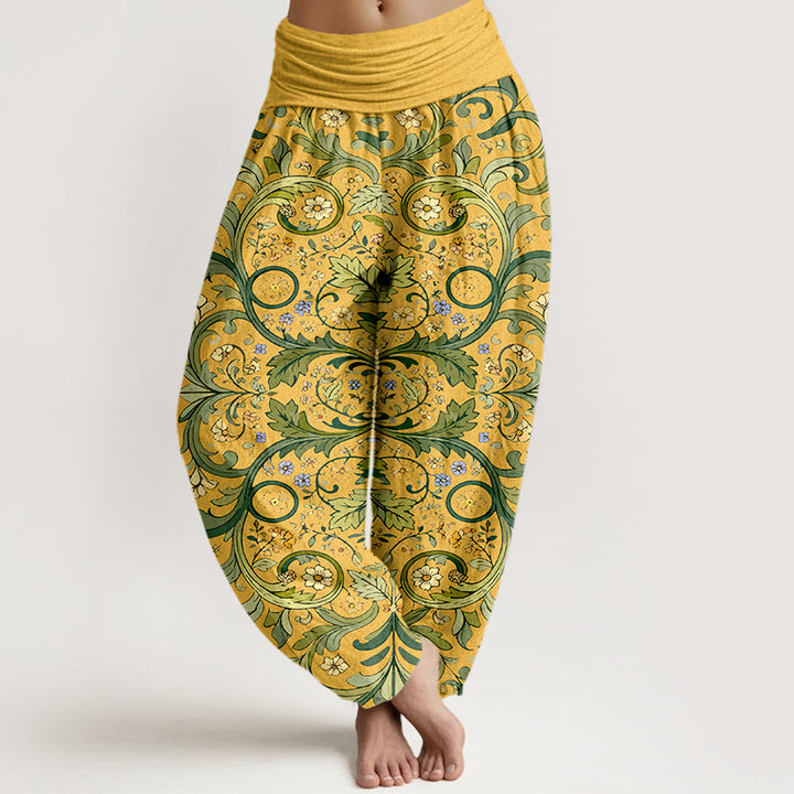 Pantalon harem pour femme, taille élastique, en pur coton, motif feuilles, vignes et fleurs superposées, Buddha Stones - Or - US16，UK/AU20，EU48 (3XL) - image 0