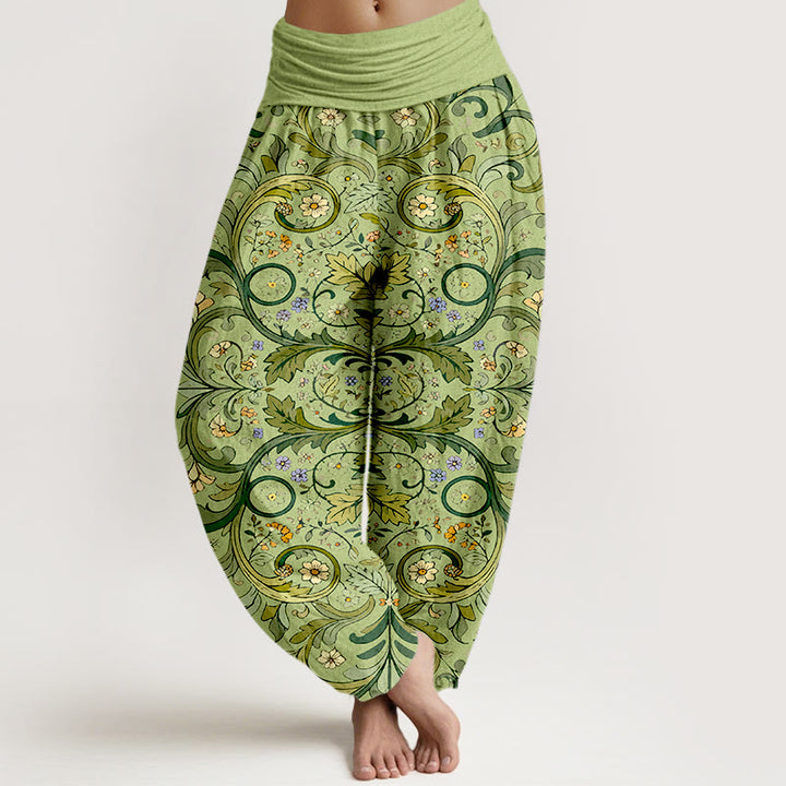 Pantalon harem pour femme, taille élastique, en pur coton, motif feuilles, vignes et fleurs superposées, Buddha Stones - JauneVert - US16，UK/AU20，EU48 (3XL) - image 5