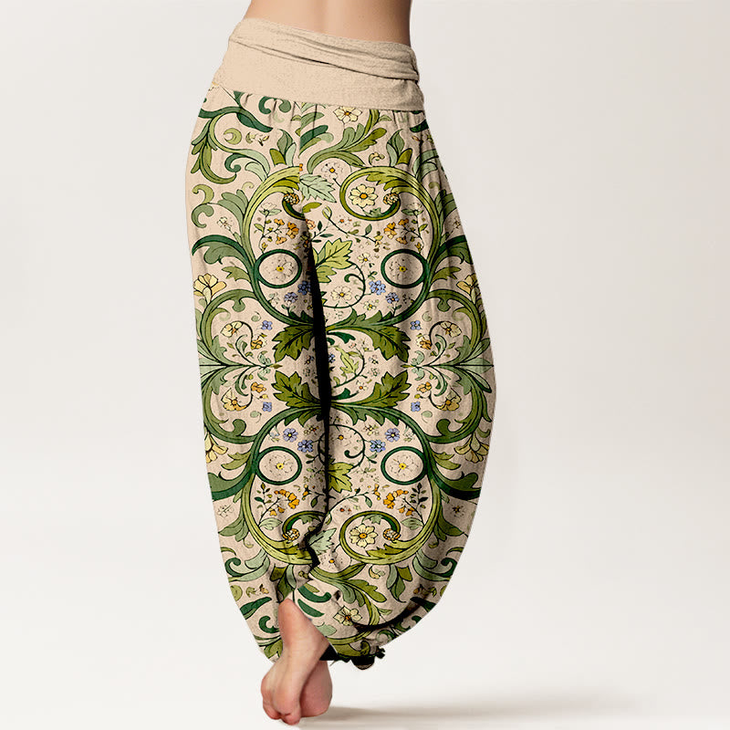 Pantalon harem pour femme, taille élastique, en pur coton, motif feuilles, vignes et fleurs superposées, Buddha Stones - image 9