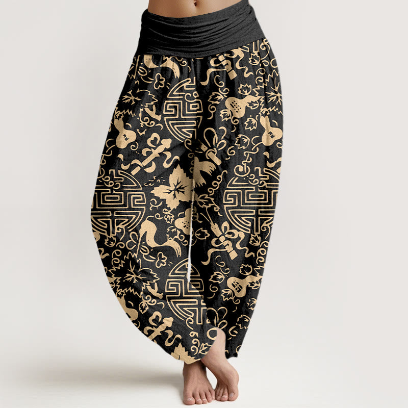 Pantalon harem pour femme en pur coton, motif de gourde et de caractères chinois avec Buddha Stones, taille élastique - Noir - US16，UK/AU20，EU48 (3XL) - image 0