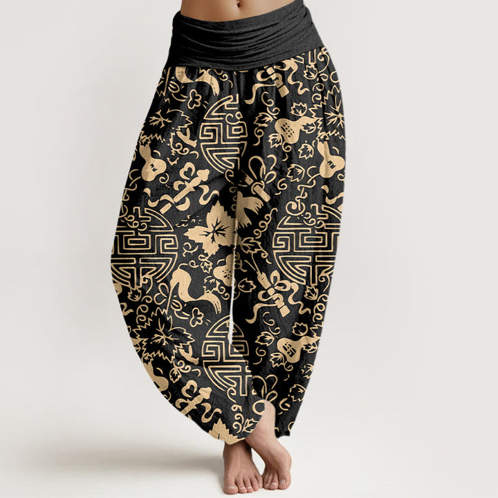 Pantalon harem pour femme en pur coton, motif de gourde et de caractères chinois avec Buddha Stones, taille élastique - Noir - US16，UK/AU20，EU48 (3XL) - image 0