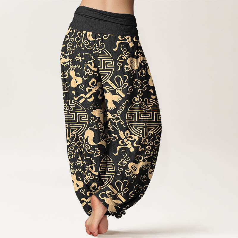 Pantalon harem pour femme en pur coton, motif de gourde et de caractères chinois avec Buddha Stones, taille élastique - image 1