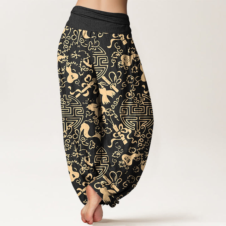 Pantalon harem pour femme en pur coton, motif de gourde et de caractères chinois avec Buddha Stones, taille élastique - image 1