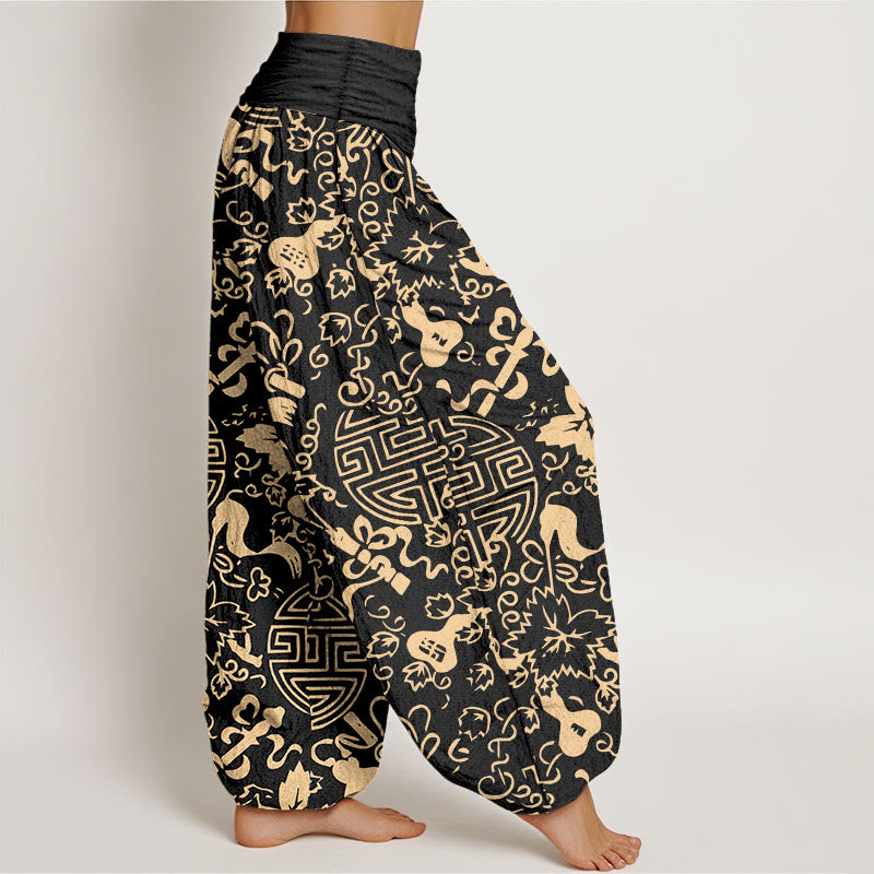 Pantalon harem pour femme en pur coton, motif de gourde et de caractères chinois avec Buddha Stones, taille élastique - image 2