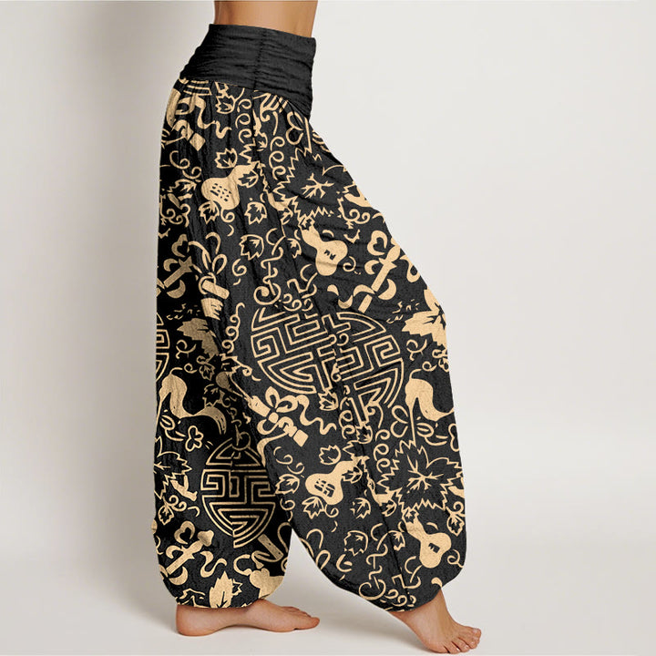Pantalon harem pour femme en pur coton, motif de gourde et de caractères chinois avec Buddha Stones, taille élastique - image 2