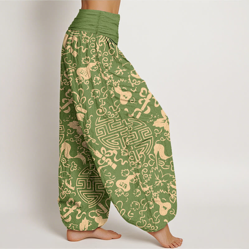 Pantalon harem pour femme en pur coton, motif de gourde et de caractères chinois avec Buddha Stones, taille élastique - image 7