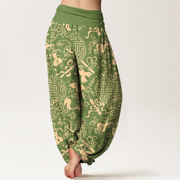 Pantalon harem pour femme en pur coton, motif de gourde et de caractères chinois avec Buddha Stones, taille élastique - image 6