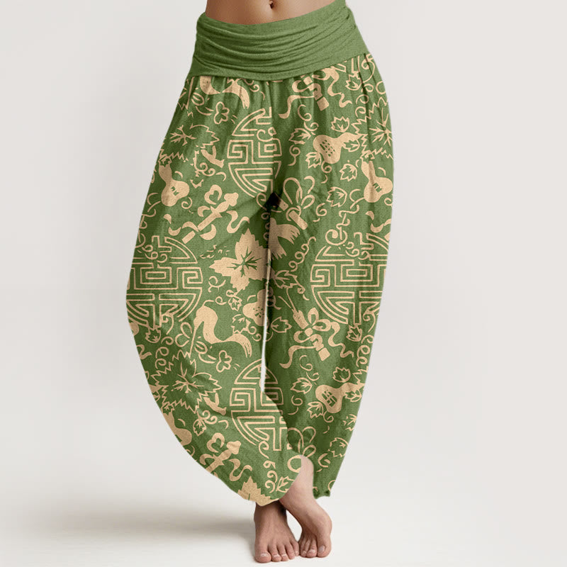 Pantalon harem pour femme en pur coton, motif de gourde et de caractères chinois avec Buddha Stones, taille élastique - JauneVert - US16，UK/AU20，EU48 (3XL) - image 5
