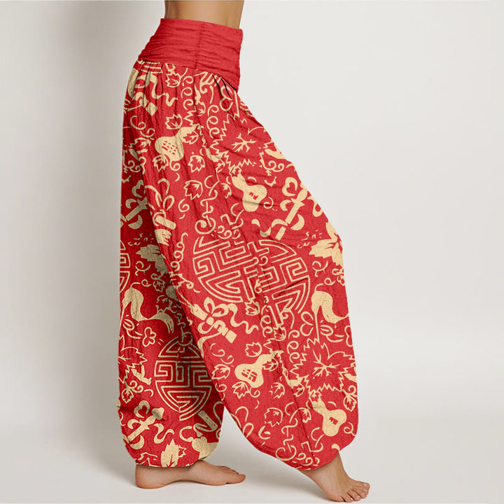 Pantalon harem pour femme en pur coton, motif de gourde et de caractères chinois avec Buddha Stones, taille élastique - image 10