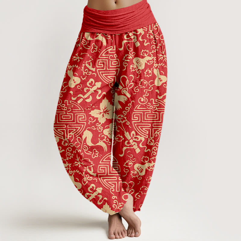 Pantalon harem pour femme en pur coton, motif de gourde et de caractères chinois avec Buddha Stones, taille élastique - Rouge - US16，UK/AU20，EU48 (3XL) - image 8