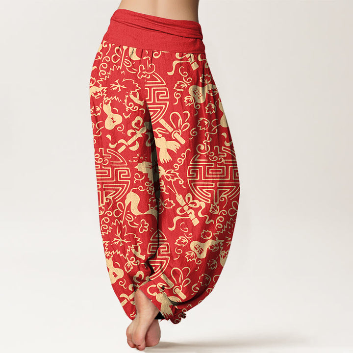 Pantalon harem pour femme en pur coton, motif de gourde et de caractères chinois avec Buddha Stones, taille élastique - image 9