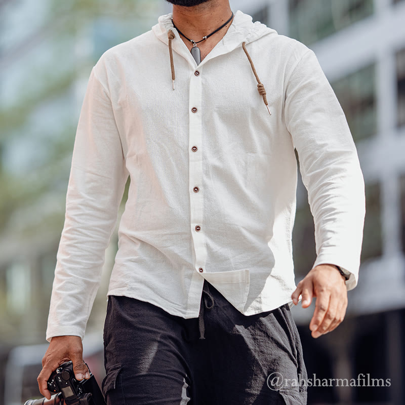 Chemise homme en lin à manches longues et capuche avec cordon de serrage et boutons, motif Buddha Stones, couleur unie - Blanc - US/UK/AU44，EU54 (3XL) - image 0
