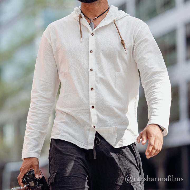 Chemise homme en lin à manches longues et capuche avec cordon de serrage et boutons, motif Buddha Stones, couleur unie - Blanc - US/UK/AU44，EU54 (3XL) - image 0