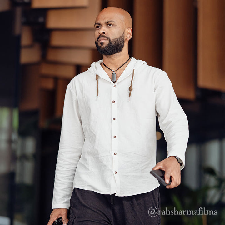 Chemise homme en lin à manches longues et capuche avec cordon de serrage et boutons, motif Buddha Stones, couleur unie - image 4