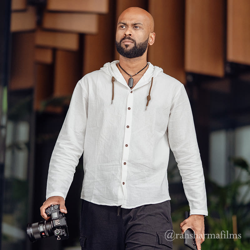 Chemise homme en lin à manches longues et capuche avec cordon de serrage et boutons, motif Buddha Stones, couleur unie - image 3