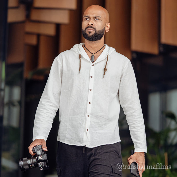 Chemise homme en lin à manches longues et capuche avec cordon de serrage et boutons, motif Buddha Stones, couleur unie - image 3