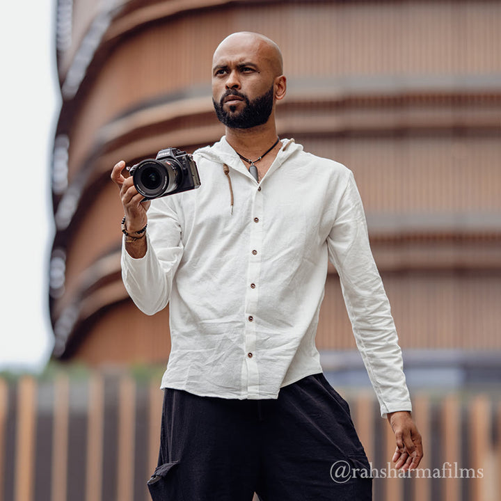 Chemise homme en lin à manches longues et capuche avec cordon de serrage et boutons, motif Buddha Stones, couleur unie - image 5