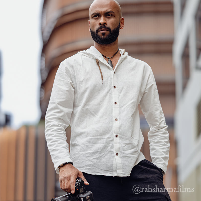 Chemise homme en lin à manches longues et capuche avec cordon de serrage et boutons, motif Buddha Stones, couleur unie - image 1