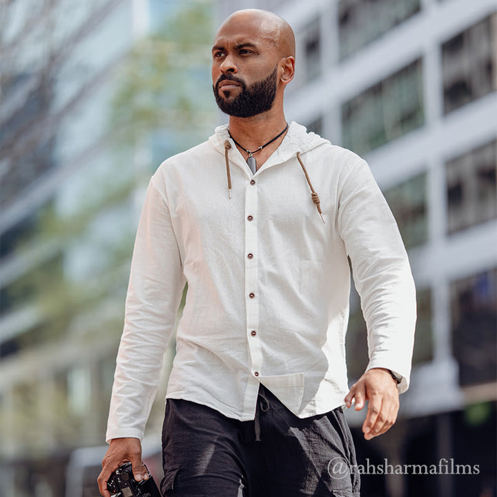 Chemise homme en lin à manches longues et capuche avec cordon de serrage et boutons, motif Buddha Stones, couleur unie - image 2