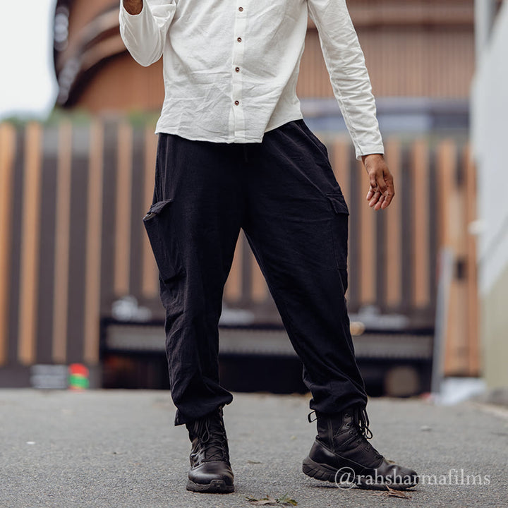 Pantalon cargo en lin uni avec cordon de serrage et poches pour homme Motif Buddha Stones - Noir - US/UK/AU46，EU56 (3XL) - image 0