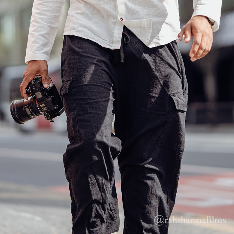 Pantalon cargo en lin uni avec cordon de serrage et poches pour homme Motif Buddha Stones - image 2